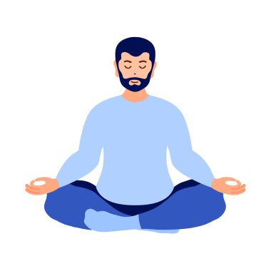 Adam yoga yapıyor, lotus pozisyonunda meditasyon yapıyor. Vektör illüstrasyonu.