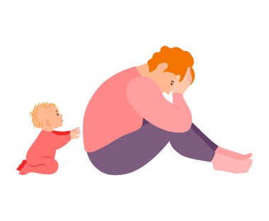 Genç bir kadın yorgunluktan ağlıyor, bir çocuk ondan pişmanlık duyuyor. Doğum sonrası depresyonu. Vektör.
