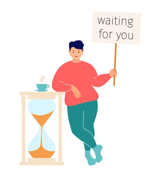 Un hombre con una señal en sus manos, apoyándose en un vaso de hora, estaba esperando. La contratación de personal. Vector. — Vector de stock