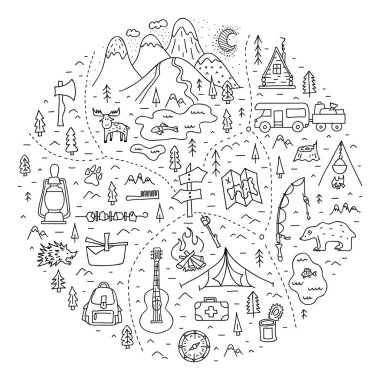 Kamp yapmak. Ana hatlarıyla çizilmiş bir harita. Temel semboller ve hafta sonu gezilecek yerler var. Doğrusal çizim çizimi. Ormanda kamp yapmak ve dışarıda dinlenmek. Vektör.