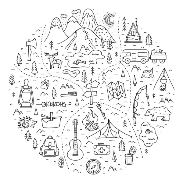 Кемпінг Мальована Вручну Карта Стилі Контур Основними Символами Місцями Подорожей — стоковий вектор