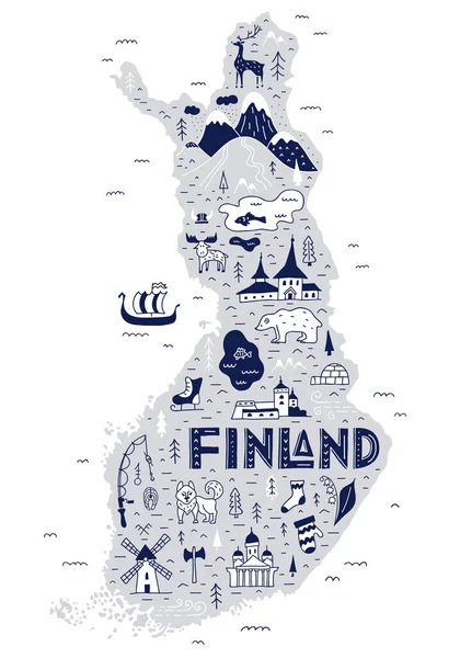 Finlandiya çizgi film haritası. Ülkenin ana ilgi odağı elle çizilmiş turistik haritası.