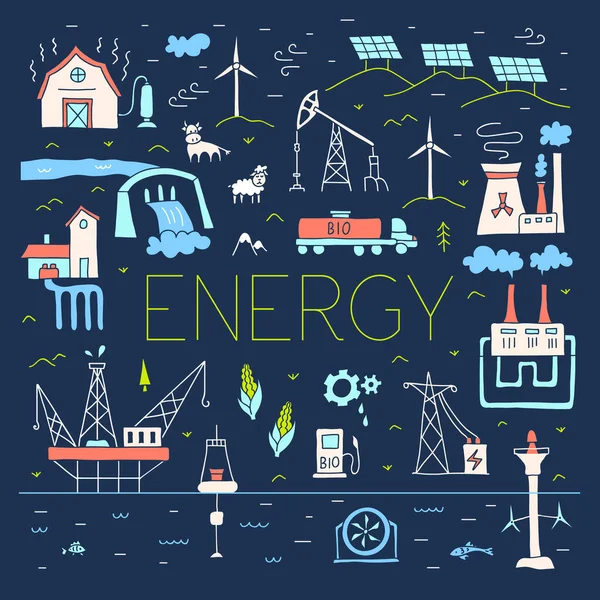 Fontes fósseis e renováveis de energia. Composição vetorial sobre o tema da produção de energia e recursos. —  Vetores de Stock