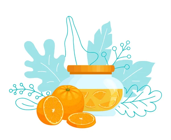 Jar de mermelada de naranja con composición de fruta. Confiture in cartoon style with green leaves. Vector. — Vector de stock