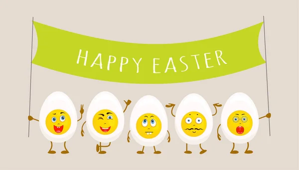 Veselé přání s velikonočními vejci. Vektorové postavy s různými emocemi drží prapor. Vektor. — Stockový vektor