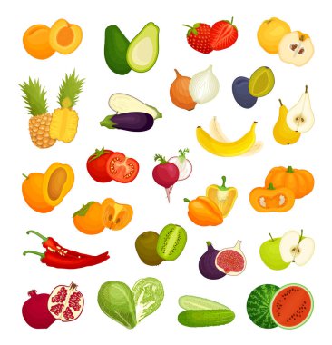 Bir bütün, sebze ve meyve seti. Vektör.