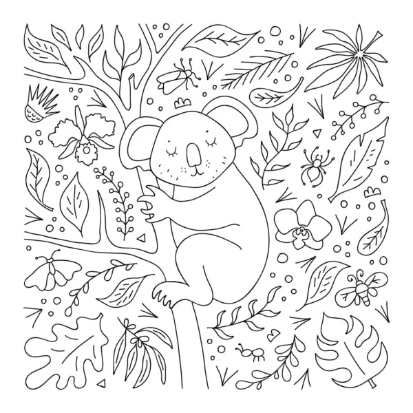 Набросок коалы на фоне лесных стихий. Рисунок для раскраски книги. Вектор — стоковый вектор