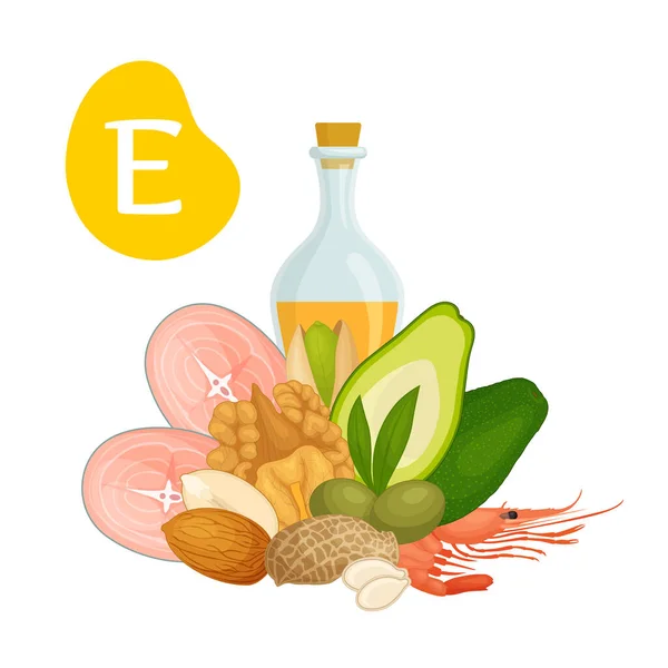 비타민 E 는 여러 가지 식품에 함유되어 있다. 벡터 인포 그래픽. — 스톡 벡터