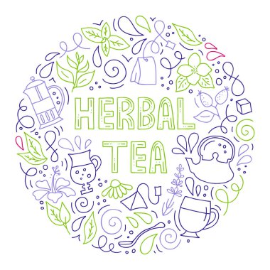Vektör elle çizilmiş illüstrasyon. Bitkisel çay temalı yuvarlak çerçeve.