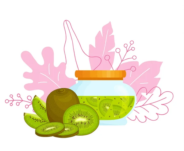 Βάζο μαρμελάδας ακτινίδιο με σύνθεση φρούτων. Confiture σε στυλ καρτούν με πράσινα φύλλα. Διάνυσμα. — Διανυσματικό Αρχείο