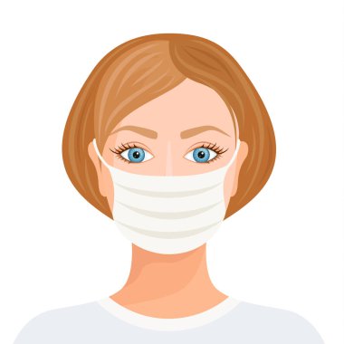 Solunum cihazındaki kadın. Yüzünde tıbbi maske var. Vektör.