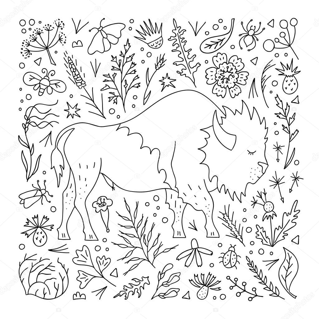 Outline bison on the background of forest elements. Hand-drawn pattern for coloring book. Vector.
