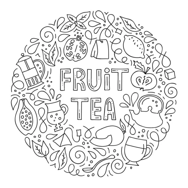Εικονογράφηση με διάνυσμα. Στρογγυλό πλαίσιο με θέμα το τσάι φρούτων. — Διανυσματικό Αρχείο
