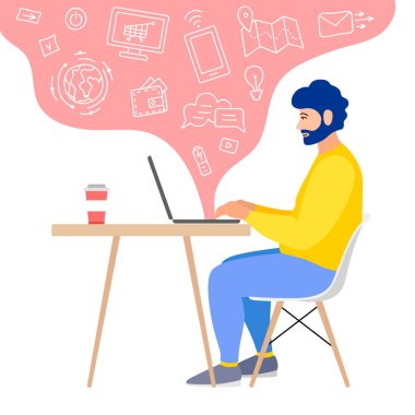 Serbest çalışan bir adam dizüstü bilgisayarda oturur ve çalışır. Uzaklık çalışması temasında düz stil vektör illüstrasyonu. Dizüstü bilgisayarı ve bir fincan kahvesi olan bir karakter. Çevrim içi meslek.