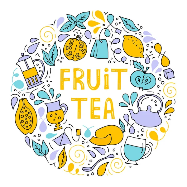 Τσάι Φρούτων Στρογγυλή Πολύχρωμη Αφίσα Γράμματα Πλαίσιο Διανύσματος Για Σχεδιασμό — Διανυσματικό Αρχείο