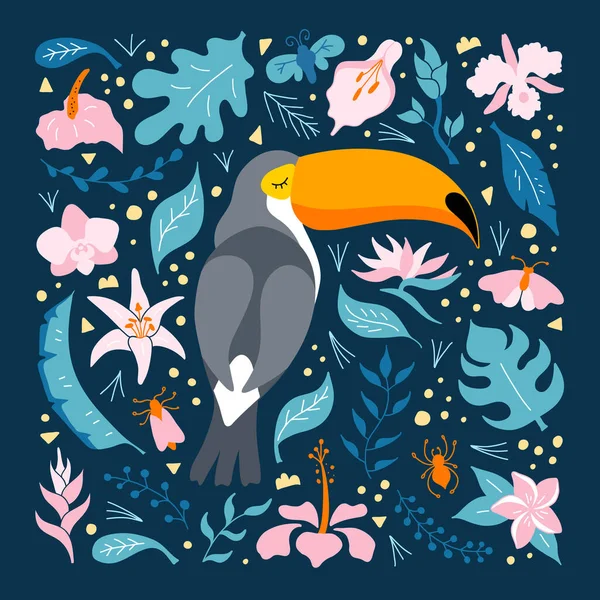 Toucan su uno sfondo di fogliame tropicale e fiori. Vettore . — Vettoriale Stock