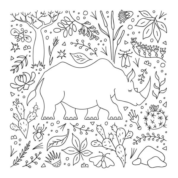 Esquema de rinocerontes sobre el fondo de los elementos vegetales. Patrón dibujado a mano para colorear libro. Vector . — Archivo Imágenes Vectoriales