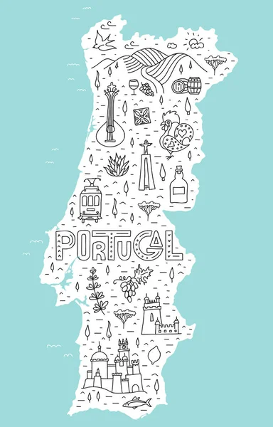 Mapa turístico estilizado de Portugal com os principais símbolos e atrações. Vetor . — Vetor de Stock