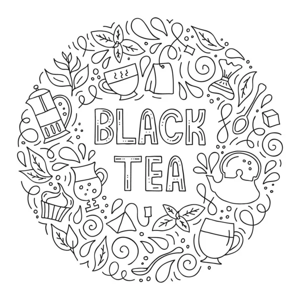 Vector hand-drawn illustration. Round frame on the theme of black tea. — Stock Vector