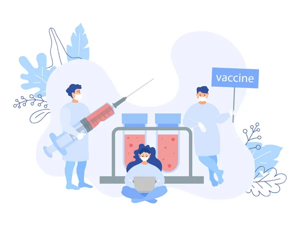 Desarrollo y pruebas de vacunas y medicamentos para virus e infecciones. Vector . — Archivo Imágenes Vectoriales