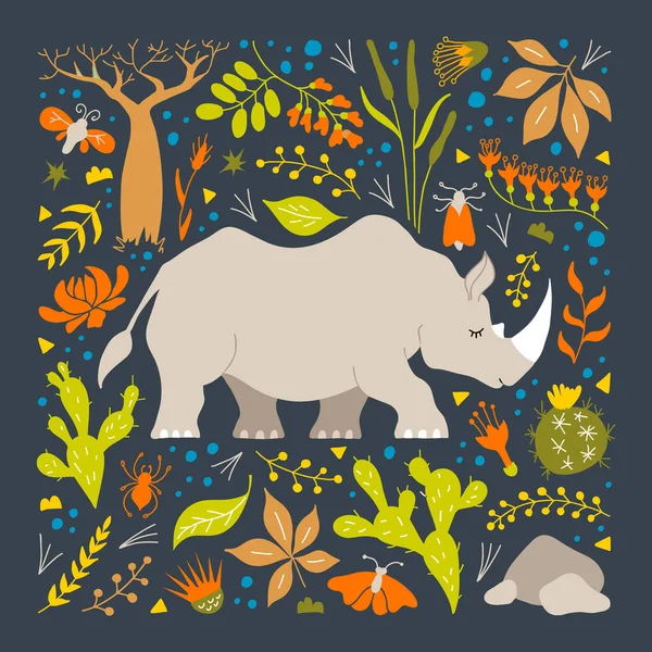Rhinocéros sur fond de feuillage et de fleurs. Vecteur rhinocéros africain dans le style de dessin animé . — Image vectorielle