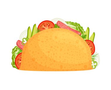 Çeşitli malzemelerle birlikte iştah açıcı tacolar. Meksika mutfağı. Vektör. Doldurulmuş taco..