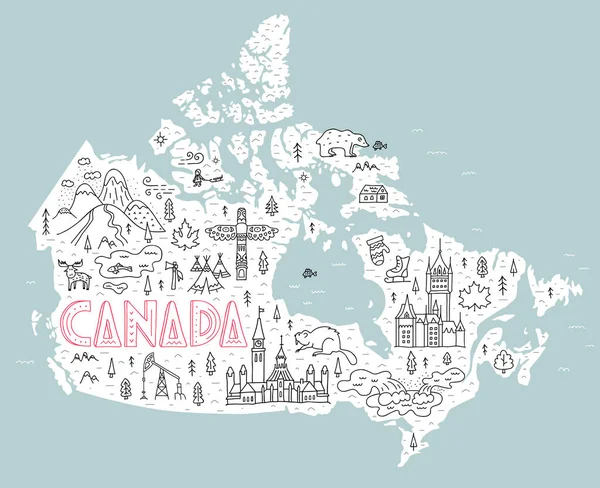 Mappa di viaggio stilizzata del Canada con i principali simboli e attrazioni. Illustrazione lineare vettoriale . — Vettoriale Stock