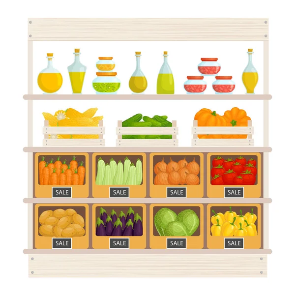 Stand per la vendita di cibo. Stalla con frutta e verdura fresca. Illustrazione vettoriale . — Vettoriale Stock