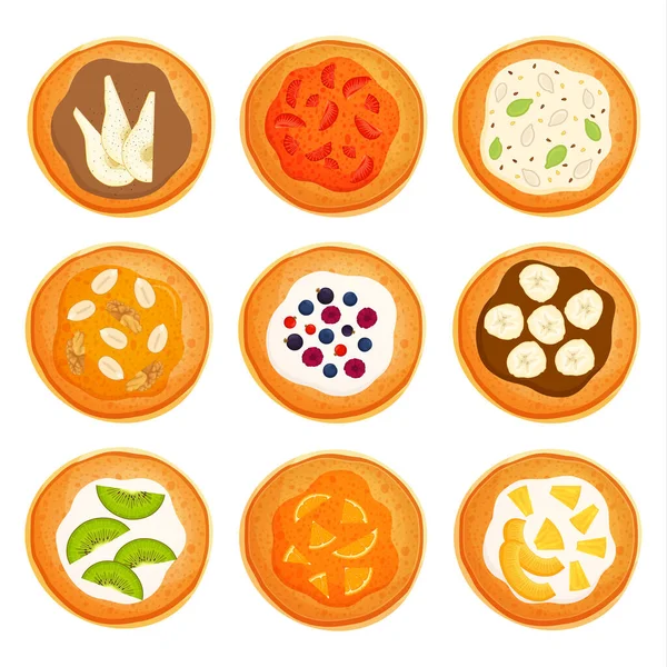 Pannenkoeken met diverse toppings bovenaanzicht. Vectorillustratie. — Stockvector