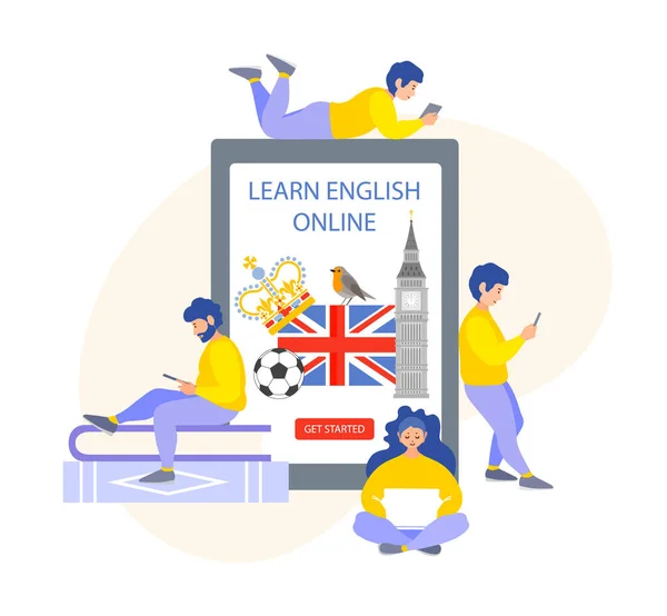 Engelska språkinlärning. Utbildning på nätet. Vektorkoncept för kurser och online-skolor. — Stock vektor