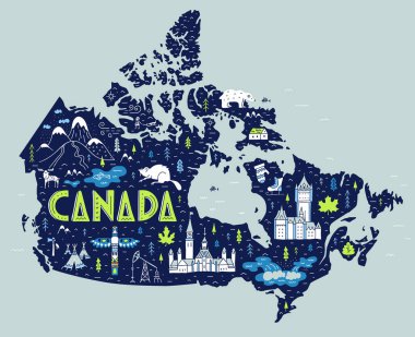 Kanada 'nın elle çizilmiş turistik haritası. Harflerle vektör illüstrasyonu.