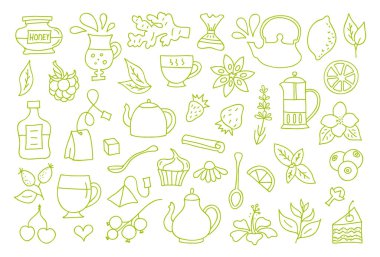 Dekorasyon için çay sembolleri. Vektör. Özet biçimi.