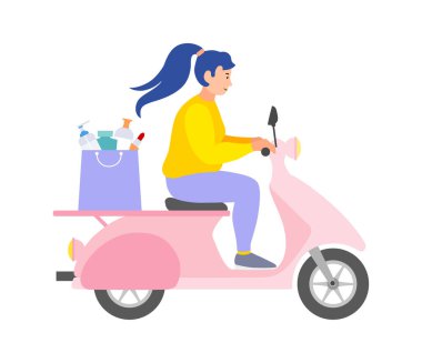 Pembe motosikletli kadın teslimatı içinde kozmetik ürünler, tuvalet malzemeleri ve kişisel bakım ürünleri olan bir paket taşıyor. Düz bir şekilde vektör illüstrasyonu. Ev teslimatı konsepti. Güzellik paketi..