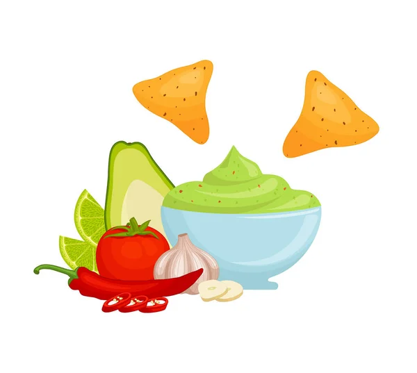 Guacamole Dans Bol Avec Des Nachos Snack Mexicain National Isolé — Image vectorielle