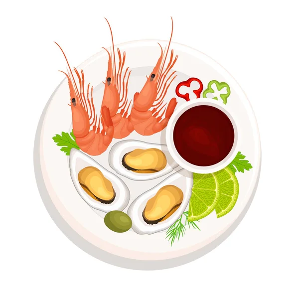 Teller Mit Meeresfrüchten Und Soße Von Oben Gericht Mit Garnelen — Stockvektor