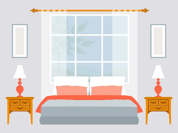 卧房风格扁平 现代化的房间 靠窗的床和床头柜 室内设计的发展 矢量图解 广告或明信片模板 — 图库矢量图片
