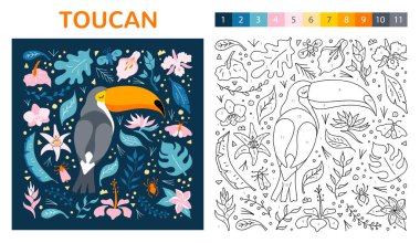 Sayılarla boyama kitabı. Çocukların renkleri öğrenme şablonu. Çocuk aktiviteleri ve yaratıcı görevler. Renkli bir hayvanla vektör çizimi. Eğlenceli bir oyun ve eğitim.
