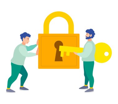 İnsanlar birlikte anahtarı kilitle açarlar. Kilidi açmaya çalışan ufak tefek insanları düşün. Düz bir şekilde vektör illüstrasyonu. Takım çalışması..