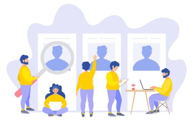 İK yöneticilerinden oluşan bir ekip özgeçmişlerini gözden geçirir ve seçimlerini yapar. İşe alım, iş arama, işsizlik ve personel alımı konularında vektör illüstrasyon. Düz biçim konsepti.