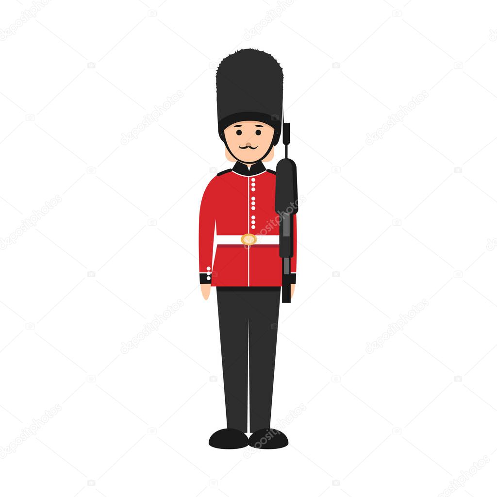 British soldier in flat style. Queen's Guard in traditional uniform.