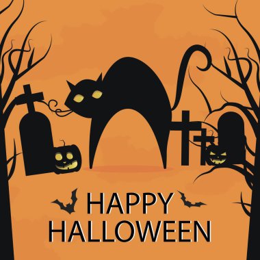 Mutlu Cadılar Bayramı Vektörü. Tebrik kartı. Mezarlıkta gözleri yanan bir kedi ve balkabağı. Siyah siluet. Orman hayvanı. Düz dizayn. Turuncu arkaplan
