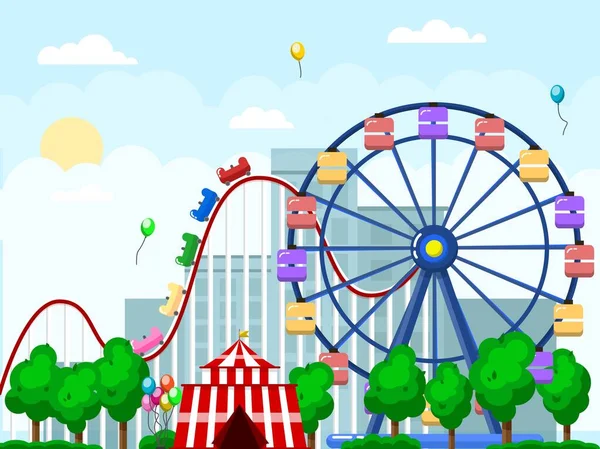 Freizeitpark Stadtlandschaft Mit Karussells Und Achterbahn Zirkus Kirmes Und Karneval — Stockvektor