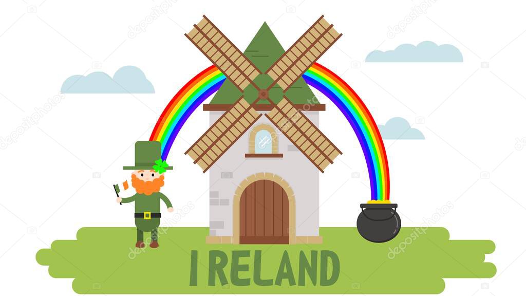 Irishman leprechaun, windmill, pot of gold. Flag of Ireland. Nature, clouds and earth.