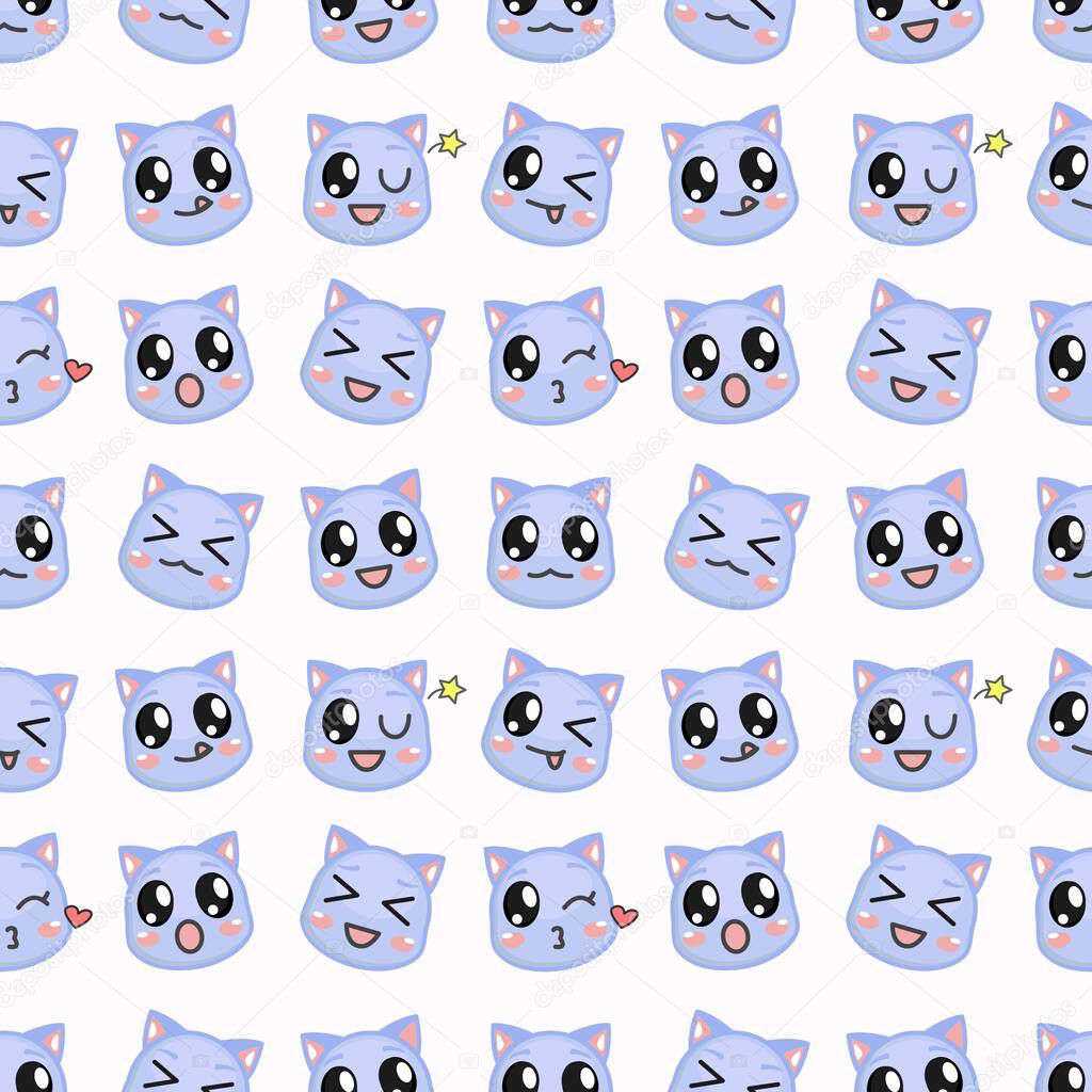 Kawaii blue cats emoji seamless pattern. Funny and cute cats. Different expressions mugs kitties in the flat style. Angry, cheerful, joyful, happy, sick, love, suspicious, playful, laugh
