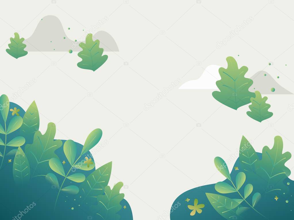 Fantasy leaves background template. Vector illustration, flat design. Mountains and trees.