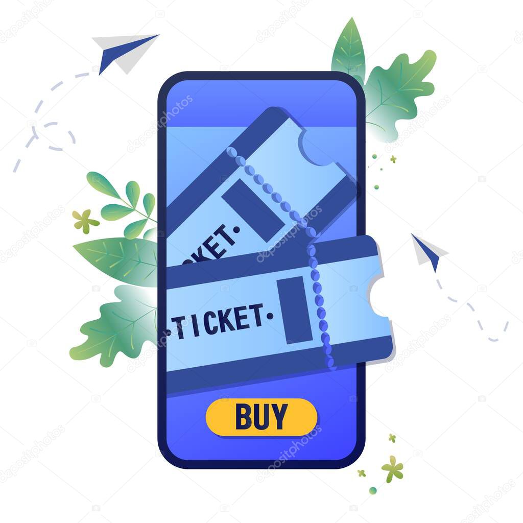 Vector illustration buying tickets online, booking, Buy Tickets on the internet with a mobile phone, schedule design tickets are printed from the phone.