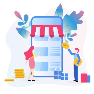 İnternetten alışveriş, mobil pazarlama. Web sayfası, afiş, sunum, sosyal medya, belgeler, kartlar, posterler için kavram. Vektör illüstrasyonu, M-Ticaret, Web ve cep telefonu hizmetleri ve uygulamaları.