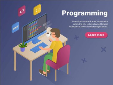 İş yeri konsept afişinde programcı. Düz izometrik vektör çizimi koyu arkaplanda izole edilmiş. Web pankartı, kahraman resimleri, bilgi grafikleri için kullanılabilir.