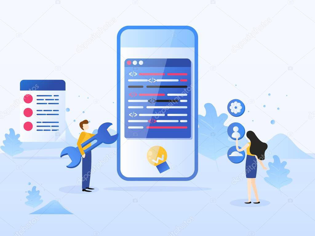 Smartphone interface building process, mobile app build. Mobile application development process flat vector illustration. Software API prototyping and testing background.