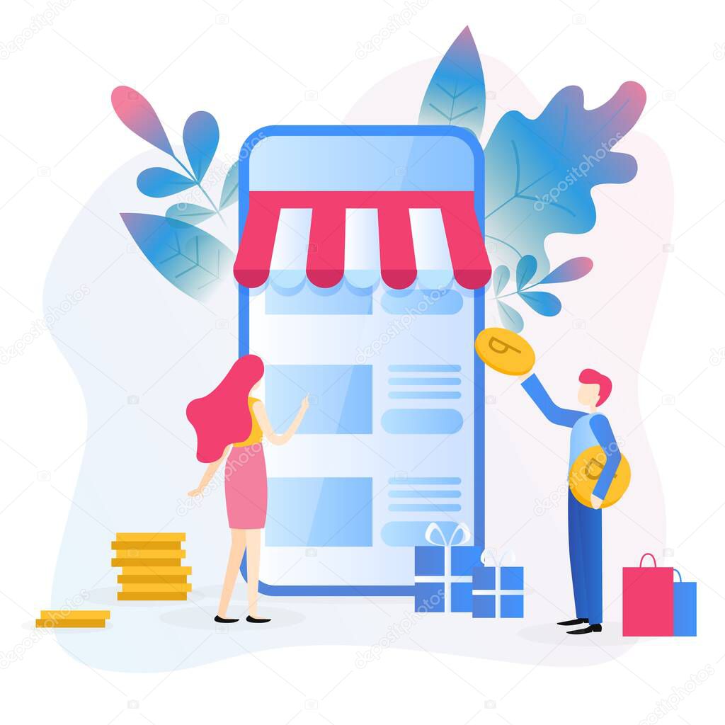 Online shopping, mobile marketing. Concept for web page, banner, presentation, social media, documents, cards, posters. Vector illustration, M-Commerce, web and mobile phone services and apps.
